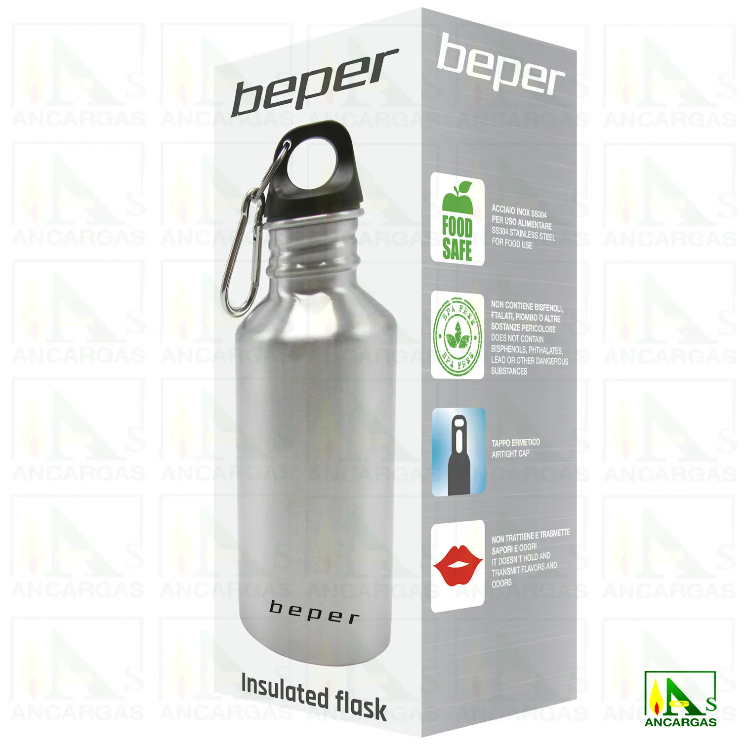BOTELLA DEPORTIVA EN ACERO 0.5L BEPER - Imagen Web de Ancargas ©